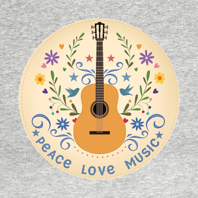 Peace Love And Music Folk Guitar Badge by LittleBunnySunshine